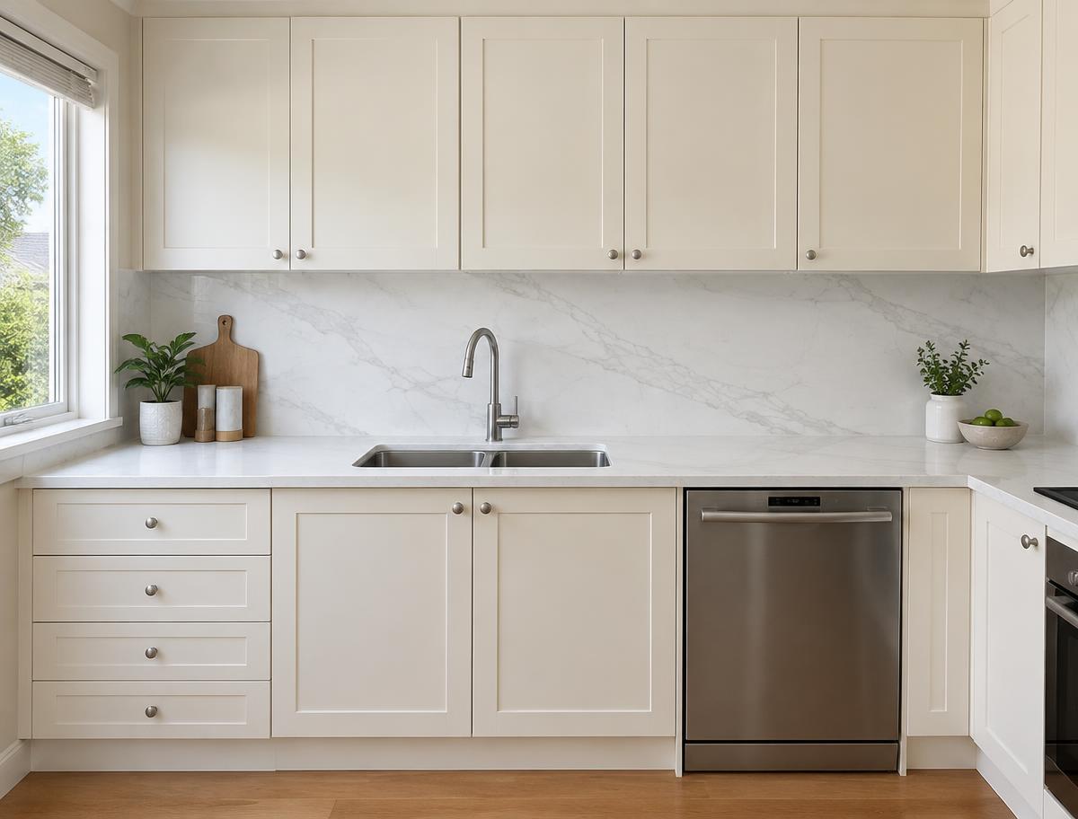 Kitchen with a new white stone-look benchtop and matching full-height slab splashback
