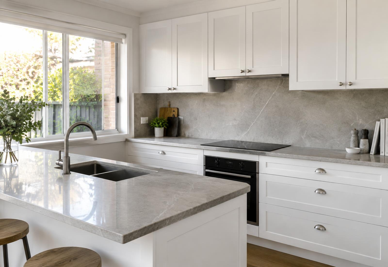 Existing white shaker kitchen with a new grey stone-look benchtop and matching splashback
